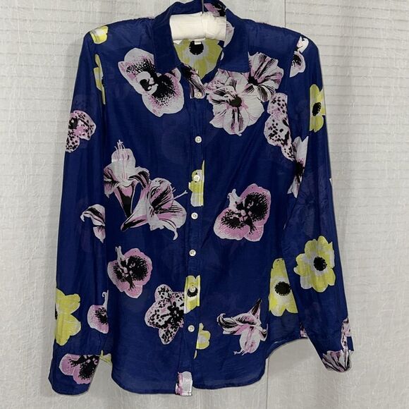 J. Crew XS Blue Pink Yellow White Black Floral Cotton Silk Long Sleeve Shirt - Picture 3 of 13